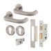 Heavy Duty Euro Lock Door Handle on Rose Fire Door Kit & Dorgard Holder - Silver
