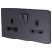 Knightsbridge 13A 2 Gang Screwless Flat Plate Switched DP Socket - Anthracite Grey/Black Inserts