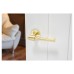Hampstead Satin Brass Lines Door Handles on Round Rose - Eva Range 