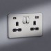 Knightsbridge 13A 2 Gang Screwless Type A/C USB Socket with 2 x USB - 4A - Brushed Chrome/Black