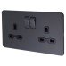Knightsbridge 13A 2 Gang Screwless Flat Plate Switched DP Socket - Anthracite Grey/Black Inserts