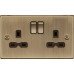 Knightsbridge 13A 2 Gang Switched Double Pole Socket - Antique Brass with Black Insert 