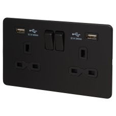 Knightsbridge 13A 2 Gang Screwless USB Socket with 2 x USB - 2.4A - Matt Black/Black Inserts