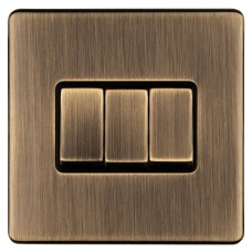 Eurolite Concealed 10A 3 Gang 2 Way Screwless Flat Plate Light Switch - Antique Brass/Black