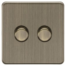 Knightsbridge 5-150W 2 Gang 2 Way Push On/Off Rotary Flat Intelligent LED Dimmer Switch- Ant Brass