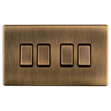 Eurolite Concealed 10A 4 Gang 2 Way Screwless Flat Plate Light Switch - Antique Brass/Black
