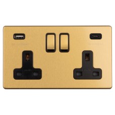 Eurolite Concealed 13A 2 Gang Screwless Type A/C USB Socket with 2 x USB - 3.1A - Satin Brass/Black