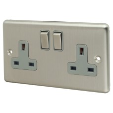 Eurolite Enhance Decorative 13A 2 Gang Double Pole Switched Socket - Satin Steel with Grey Inserts 