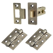 Exel Latch Pack - 76mm Case - 57mm Backset - 2 x Fire Rated Ball Bearing Hinges - Antique Brass