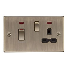 Knightsbridge 45A Square Edge DP Cooker Switch & 13A Socket & Neons - Antique Brass & Black Insert