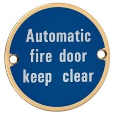 Hampstead Automatic Fire Door Keep Clear Door Sign - 75mm Diameter - Polished Brass