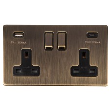 Eurolite Concealed 13A 2 Gang Screwless Type A/C USB Socket with 2 x USB - 3.1A -Antique Brass/Black