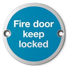Exel Light Blue Fire Door Keep Locked Door Sign - 75mm Diameter - Satin Stainless Steel