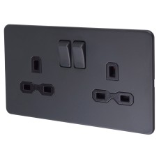 Knightsbridge 13A 2 Gang Screwless Flat Plate Switched DP Socket - Anthracite Grey/Black Inserts