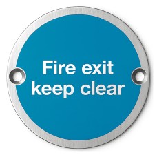Exel Light Blue Fire Exit Keep Clear Door Sign - 75mm Diameter - Satin Stainless Steel