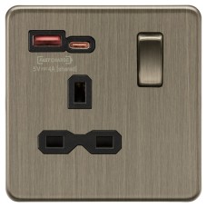 Knightsbridge 13A 1 Gang SP Type A/C Fastcharge USB Socket with 2 x USB - 4A - Antique Brass/Black