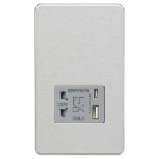 Knightsbridge 230V Shaver Socket with Type A/C USB Ports - 2.4A - Brushed Chrome with Grey Insert