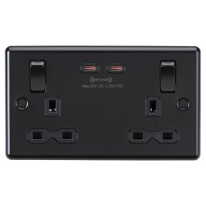 Knightsbridge 13A 2 Gang Round Edge Type A/C 65W Fastcharge USB Socket with 2 x USB - Matt Black