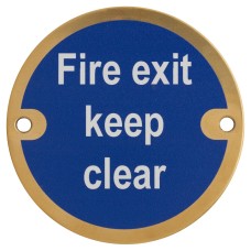 Hampstead Fire Exit Keep Clear Door Sign - 75mm Diameter - Polished Brass