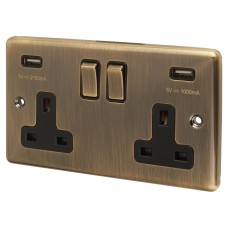 Eurolite Enhance Decorative 13A 2 Gang USB Socket with 2 x USB - 3.1A - Antique Brass/Black Inserts