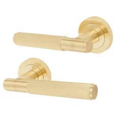 Exel Satin Brass Lines Door Handles on Round Rose - Nova Range 