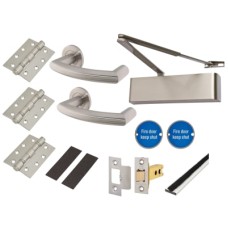 Heavy Duty Latch Door Handle on Rose Fire Door Kit - Power Size 2-5 - Stainless Steel