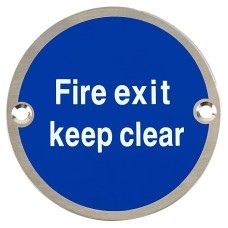 Exel Fire Exit Keep Clear Door Sign - 75mm Diameter - Satin Stainless Steel