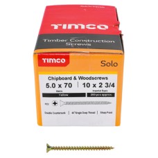 TIMCO Solo Chippy Pozi Countersunk Wood Screws - 5.0 x 70mm - Yellow Zinc - Pack of 200