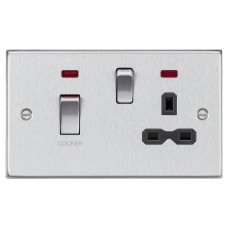 Knightsbridge 45A Square Edge DP Cooker Switch & 13A Socket & Neons - Brushed Chrome & Black Insert
