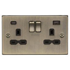 Knightsbridge 13A 2 Gang Type A/C USB Socket with 2 x USB - 4A - Antique Brass/Black