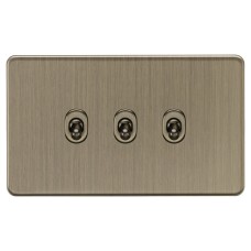 Knightsbridge 10AX 3 Gang 2 Way Screwless Flat Plate Toggle Light Switch - Antique Brass