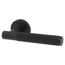 Jedo Matt Black Fire Rated Knurled Door Handles on Round Rose - Bari Range 