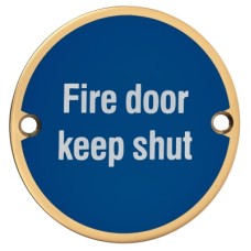 Hampstead Fire Door Keep Shut Door Sign - 75mm Diameter - Polished Brass