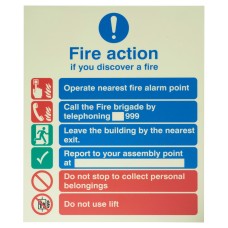Exel Photoluminescent Standard Fire Action Notice - 250 x 300mm - Rigid Plastic