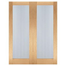 LPD Mexicano Pattern 10 Clear & Frosted Lines Unfinished Internal French Doors - 1981 x 1372mm - Oak
