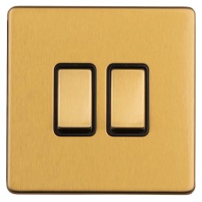 Eurolite Concealed 10A 2 Gang 2 Way Screwless Flat Plate Light Switch - Satin Brass/Black