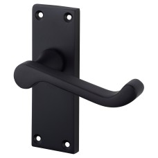 Matt Black Victorian Scroll Latch Door Handle - Short Plate - 117 x 40mm