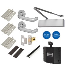 Heavy Duty Latch Door Handle on Rose Fire Door Kit & Dorgard Holder - Push/Pull - Aluminium