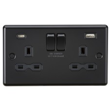 Knightsbridge 13A 2 Gang Round Edge Type A/C USB Socket with 2 x USB - 4A - Matt Black/Black