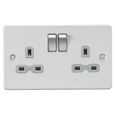 Knightsbridge 13A 2 Gang DP Switched Socket with Twin Earths - Brushed Chrome with Grey Insert