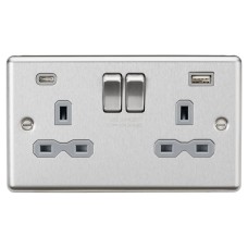 Knightsbridge 13A 2 Gang Round Edge Type A/C USB Socket with 2 x USB - 4A - Brushed Chrome/Grey