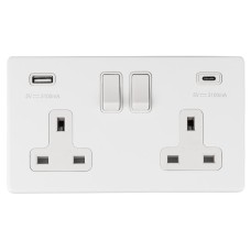Eurolite Concealed 13A 2 Gang Screwless Type A/C USB Socket with 2 x USB - 3.1A - Matt White/White