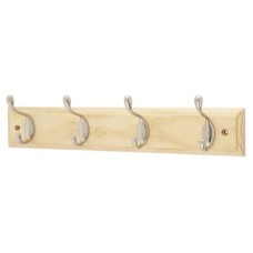Exel Hat & Coat Hook Rail - 400 x 20 x 71mm - 4 Hooks - Pine Board with Satin Chrome Hooks
