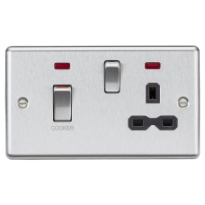 Knightsbridge 45A Round Edge DP Cooker Switch & 13A Socket & Neons - Brushed Chrome & Black Insert