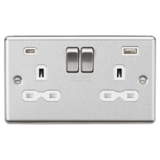 Knightsbridge 13A 2 Gang Round Edge Type A/C USB Socket with 2 x USB - 4A - Brushed Chrome/White