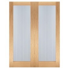 LPD Mexicano Pattern 10 Clear & Frosted Lines Unfinished Internal French Doors - 1981 x 1524mm - Oak
