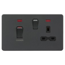 Knightsbridge 45A 2 Gang DP Cooker Switch & 13A Switched Socket with Neon - Anthracite/Black Insert
