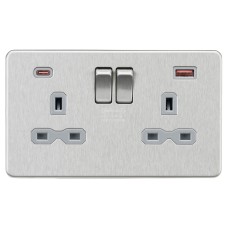 Knightsbridge 13A 2 Gang Type A/C 45W Fastcharge USB Socket with 2 x USB - Brushed Chrome/Grey