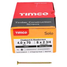 TIMCO Solo Chippy Pozi Countersunk Wood Screws - 4.0 x 70mm - Yellow Zinc - Pack of 200