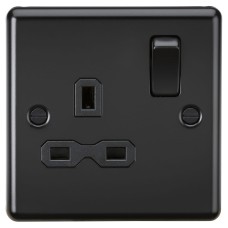 Knightsbridge 13A 1 Gang Round Edge Double Pole Switched Socket - Matt Black with Black Insert